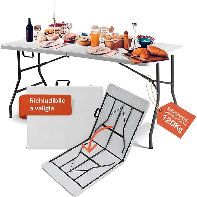 Avilia Clori Portable Folding Table: Ideal for Garden, Camping and Buffet, Lightweight, Space-saving, Durable, with Safety Locking System, Seats up to 6 People - 180 x 75 x 74 cm