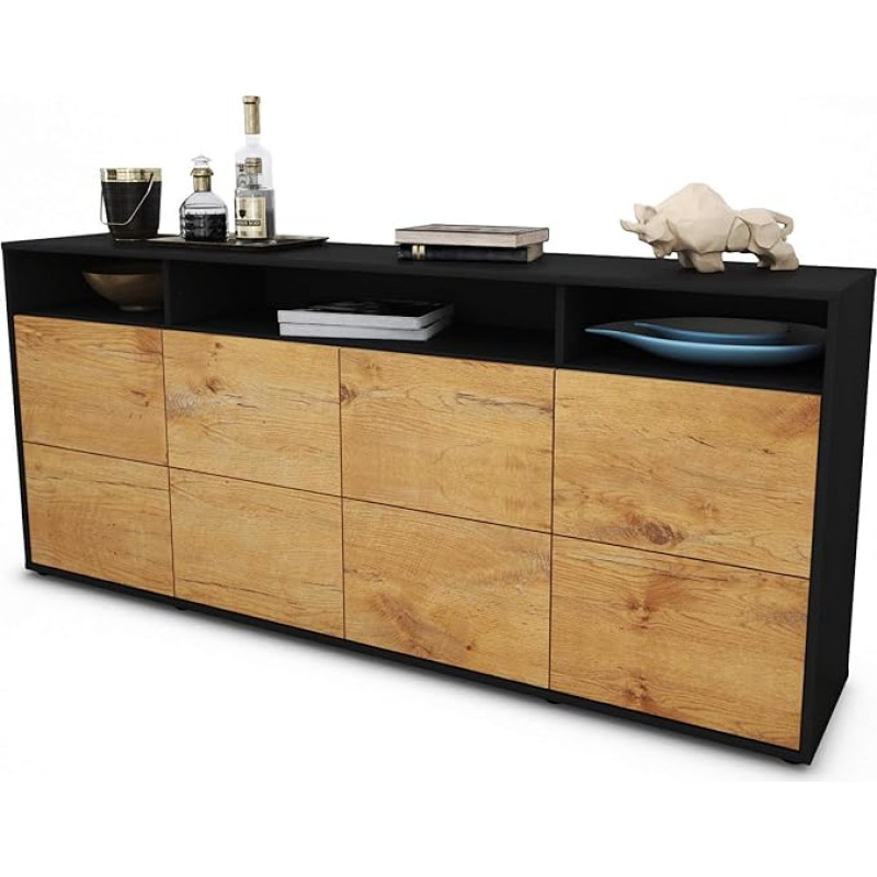 Stil.Zeit Evita Sideboard, Anthracite Matt Body, Front Wood Design Oak (180 x 79 x 35 cm) Push-to-Open Technology
