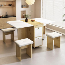 Rtopsu Mobile Folding Table with 4 Chairs, Extendable Dining Room Table, Kitchen Table with Pulley and 4 Storage Spaces for Kitchen, Dining Room, Living Room, 120 x 80 x 75 cm, White & Oak