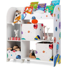 GOPLUS 3-Tier Kids Bookcase & Toy Organiser with 3 Book Compartments & 2 Storage Boxes, Freestanding Kids Storage Cabinet for Playroom, Nursery (Astronauts)