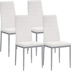 BAKAJI, baltos spalvos 4 modernių valgomojo kėdžių komplektas svetainei virtuvei, minkštos dirbtinės odos sėdynės, oda, legiruotas plienas, standartas