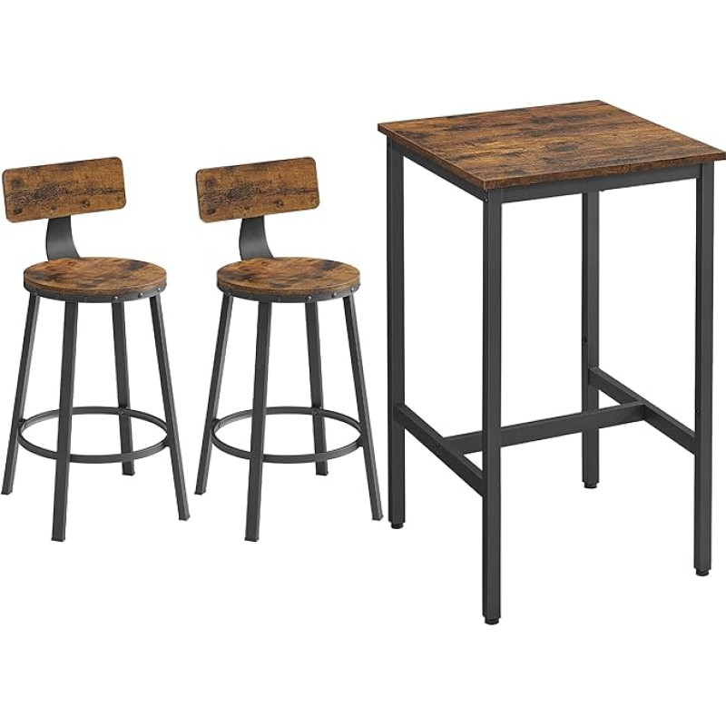 VASAGLE baro stalas su 2 baro kėdėmis, aukštas stalas, virtuvės stalas, virtuvės kėdės, baro kėdė, virtuvės kėdė, metalinis rėmas, lengvai surenkamas, pramoninis dizainas, senovinė ruda/juoda LBT031B01