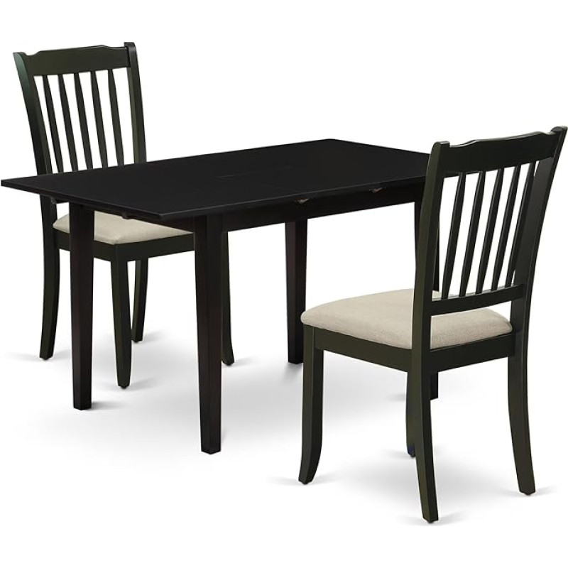 East West Furniture NODA3-BLK-C 3-teiliges Esszimmermöbel-Set enthält einen rechteckigen Holztisch mit Schmetterlingsblatt und 2 Küchen-Esszimmerstühlen aus Leinenstoff, 81,3 x 137,2 cm, Schwarz