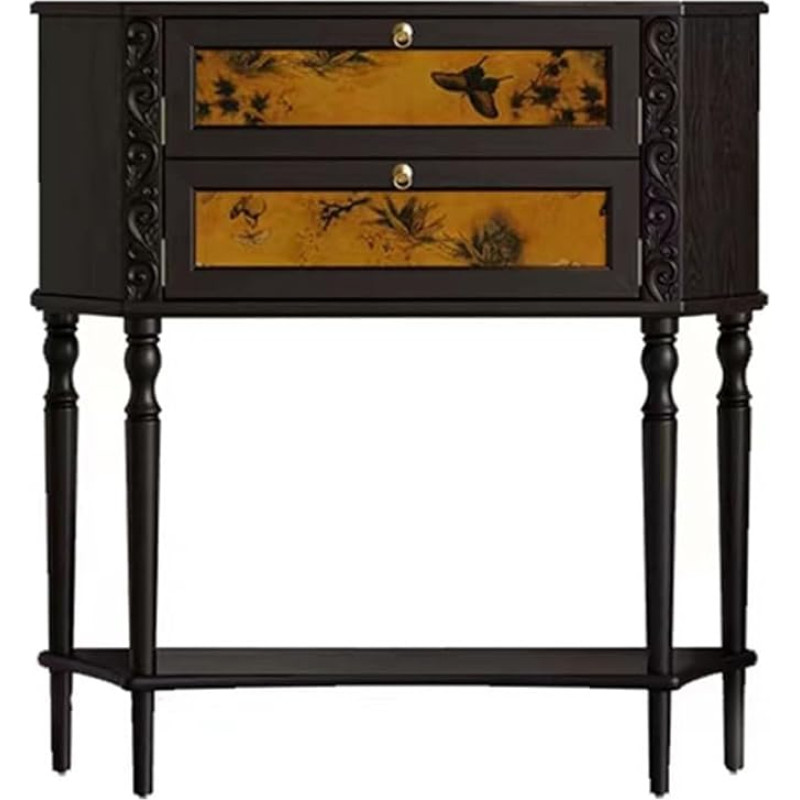 Konsolinis staliukas Konsolinis staliukas su 2 stalčiais Siauras sofos staliukas su mediniu akcentu, įėjimo staliukas su lentyna prieškambaryje, prieškambaryje, svetainėje, juodas, Art Deco baldai