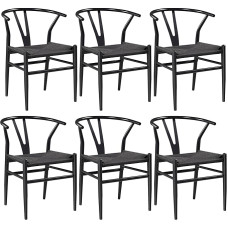 Yaheetech viduramžių stiliaus valgomojo kėdės, Y formos kėdė su metaliniu rėmu, rotango kėdė, maksimali apkrova 150 kg, visiškai juoda, 6 vnt.