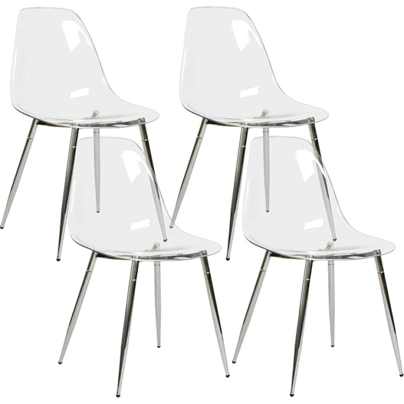 CangLong Acrylic Ghost Crystal Seat Dining Room Chairs, Modern Plastic Shell Accent Side Chairs Legs for Kitchen, Dining, Living, Guest, Bed Room, Set of 4, Transparent + Silver (CL-191613), Metal