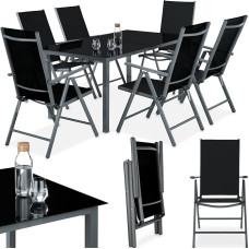 tectake® Aluminium Folding Chairs Lounge Set with 6 x Chairs and 1 x Glass Table Dining Table Garden Furniture Set Weatherproof for the Balcony, Garden Chairs, Patio Furniture, Deck Chair - Anthracite