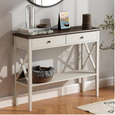 ChooChoo Framhouse konsolinis staliukas su stalčiais, siauras medinis akcentinis sofos staliukas, įėjimo staliukas su laikymo skyriumi prieškambaryje, verandoje, prieškambaryje, svetainėje, antikvarinis baltas ir rudas
