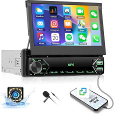 CAMECHO 1 Din Autoradio mit 7 Zoll Flip Out Touch Screen Bildschirm Bluetooth Freisprecheinrichtung iOS/Android Mirror Link FM Radio Dual USB/Type-C Input SWC +Mikrofon, Rückfahrkamera