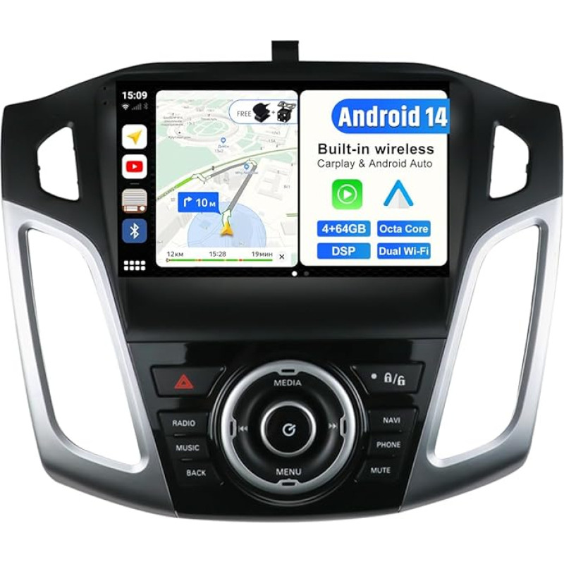 BXLIYER Android 14 IPS Autoradio für Ford Focus (2012-2017) - 4G+64G - Eingebaut DSP/Carplay/Android Auto - LED Kamera + MIC - 9 Zoll 2 Din - Lenkradsteuerung Dual Band WiFi DAB 360-CAM Fast-Boot AHD