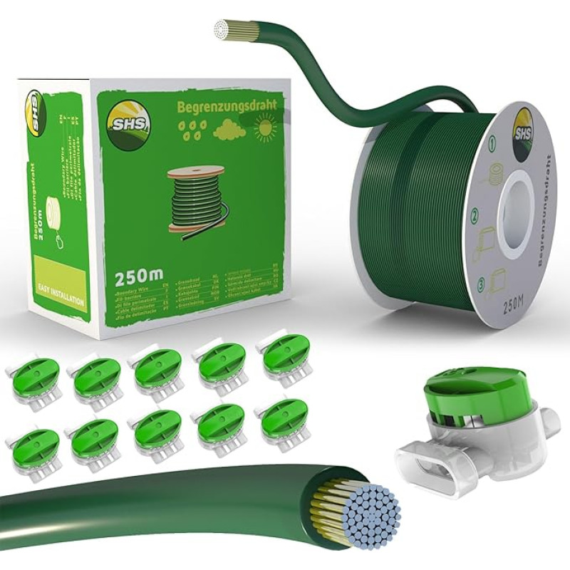 250 m riboženklio kabelis + 10 kabelio jungčių, skirtų robotams vejapjovėms Vejos vejapjovėms Vejos robotų priedų rinkinys Paieškos kabelio riboženklis - suderinamas su Gardena/Bosch/Husqvarna/Worx/Honda/ROBOMOW/iMow