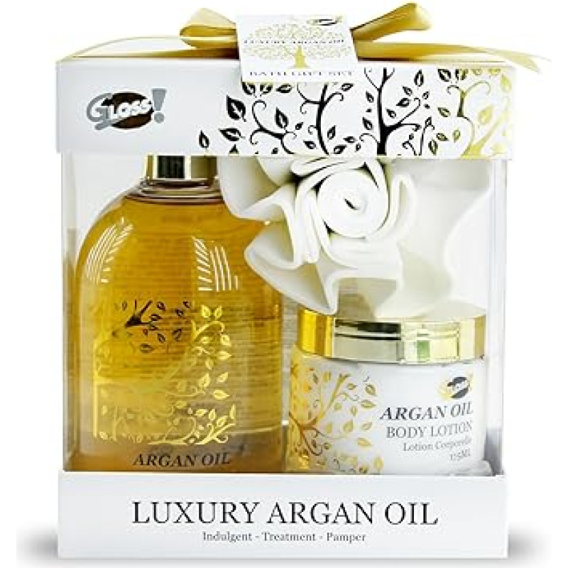 GLOSS!| Beauty-Set für Damen | Geschenkbox für Damen | Arganöl Beauty Kollektion | EVA Duschgel, Körperlotion & Schwamm| Muttertagsgeschenkbox Idee, Geburtstagsgeschenk