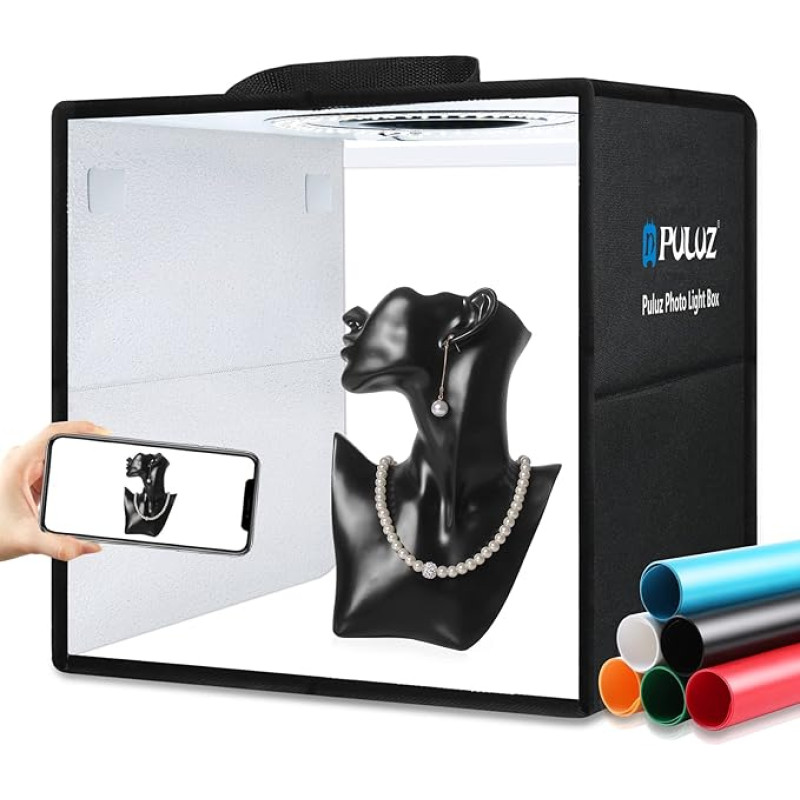 PULUZ Photo Box for Product Photos 30 x 30 x 30 cm, Dimmable Foldable Photo Studio Box Kit with CRI≥97 White Lighting 112 LEDs Lights + 8 Photo Backgrounds