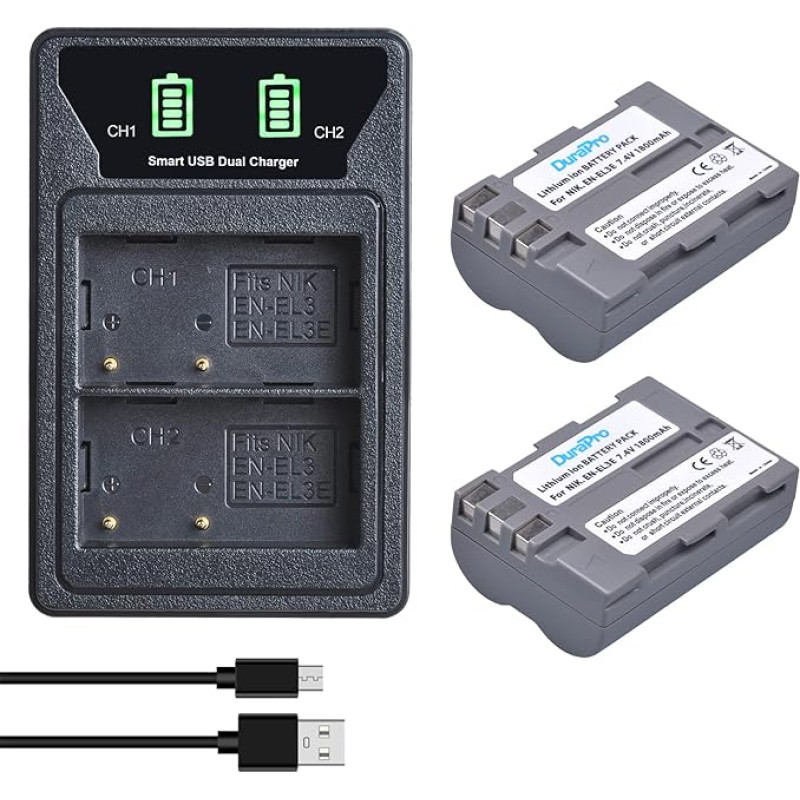 DuraPro 2 x EN-EL3e EN EL3E Battery + LED Dual Built-in USB Charger with Type C Port for Nikon EN-EL3E Nikon D50, D70, D70s, D80, D90, D100, D200, D300, D300S, D700 Digital Cameras