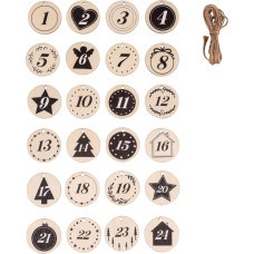 Rayher Wooden Advent Calendar Numbers, Round Wooden Pendants, 4 cm Diameter, with Numbers 1 - 24, Decorated with Christmas Motifs, 24 Pieces + Jute Cord, Numbers for Advent Calendar, 46715000