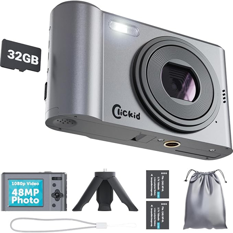 ClickID CAM20 skaitmeninis fotoaparatas | 48 MP 1080P fotoaparatas | Skaitmeninis fotoaparatas vaizdo įrašams | Skaitmeninis fotoaparatas vaikams su 16x priartinimu | 32 GB MicroSD kortelė, papildoma baterija ir trikojis