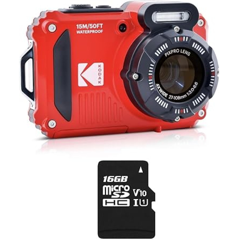 Kodak Pixpro Pack WPZ2 + 1 SD kortelė, kompaktiškas skaitmeninis fotoaparatas, 16 mln. taškų, atsparus vandeniui iki 15 m, atsparus smūgiams, vaizdo įrašas 720p, 2,7 colių LCD ekranas - ličio jonų baterija - raudonas