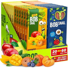 Bob Snail Healthy Sugar-free Fruit Bar Snacks - 60 Fruit Roll Ups Individually Packed for Children and Adults with Mango Blueberry Apple Kaki - Sugar-Free Low Carb Low Calorie Sweets