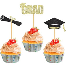 36 vienetų išleistuvių Cupcake Toppers, 3 stilių išleistuvių kepurės Cupcake Toppers blizgučių diplomas Cupcake Toppers išleistuvių torto apdaila išleistuvių temos partijos priedai