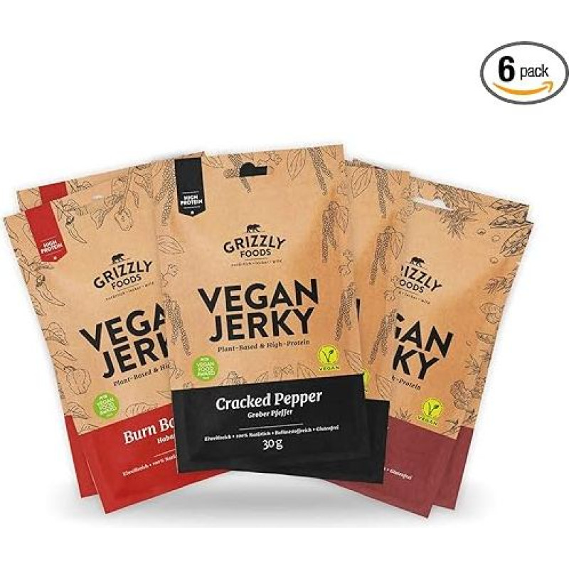 Grizzly Foods • Vegan Jerky 3 Varieties Tasting Set (6 x 30g) • Vegetable Beef Jerky • Vegan Dried Meat • High Protein Snack • Ideal for On the Go, Office, Sports