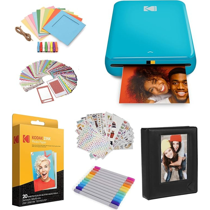 KODAK Step Instant Printer with Bluetooth/NFC, Zink Technology, App, for iOS and Android, Blue, Gift Pack