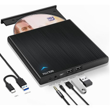 NOLYTH Bluray External Blu Ray Drive Bluray Burner External with 1 Audio 2 USB Slots, USB C External Blu-ray Drives Bluray Player for Laptop Mac PC Windows MacBook