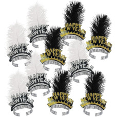 ZYDNANYANG Naujieji metai 2024 Šalis skrybėlė, Naujųjų metų išvakarės, pakuotė 6 Šalis skrybėlės, 6 vienetų trikampio formos smailus skrybėlę, 12 Laimingų Naujųjų metų galvos juosta, Tiara, ragai, skrybėlės, Blowout ir karoliukai