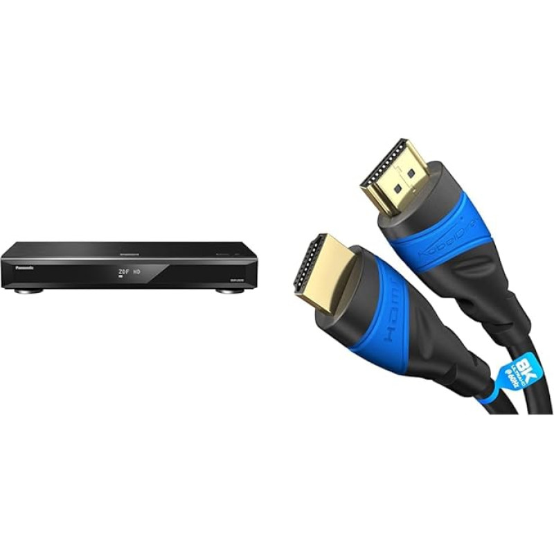 Panasonic DMR-UBC90EGK Ultra HD Blu-ray Recorder (2TB HDD, 4K Blu-ray Disc, UHD TV Cable Reception, 3 x DVB-C/DVB-T2 HD Tuner) & KabelDirekt - 8K/4K HDMI Cable - 3 m - 8K@60Hz (Black/Blue)
