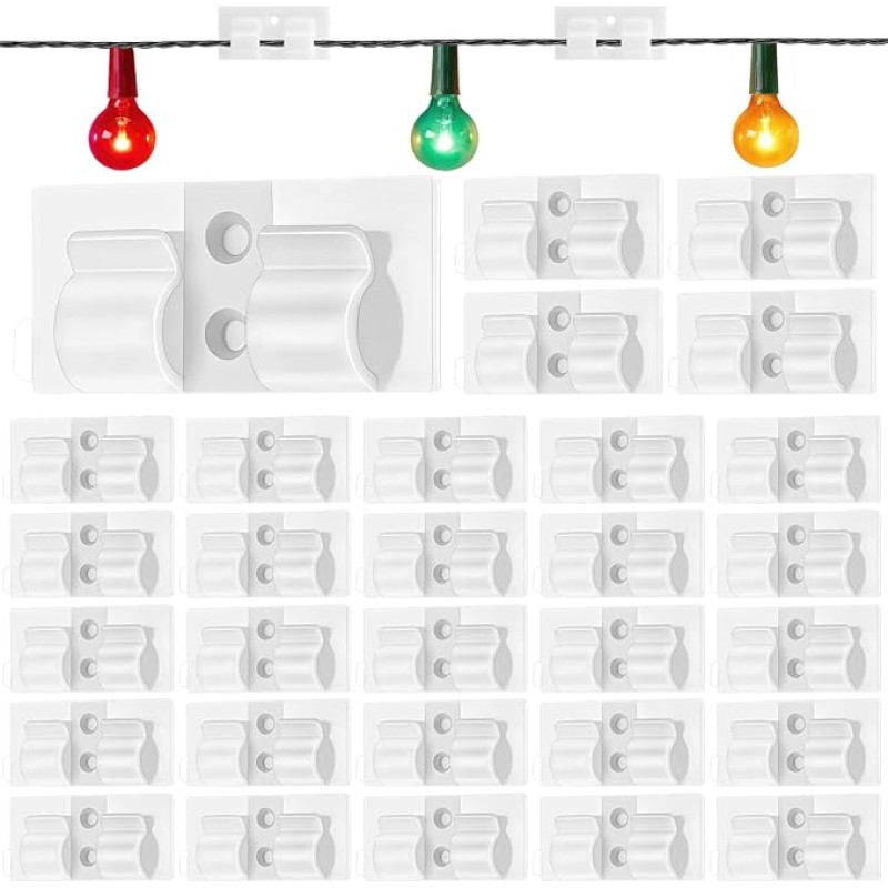 saerryor 30 Stück Außenlicht-Haken mit Klebepad, selbstklebende Kabel-Clips, Kabel-Clips, Kabelhalter für den Außenbereich, Lichterketten, Schreibtisch, Wand, Zuhause, Büro, Weiß