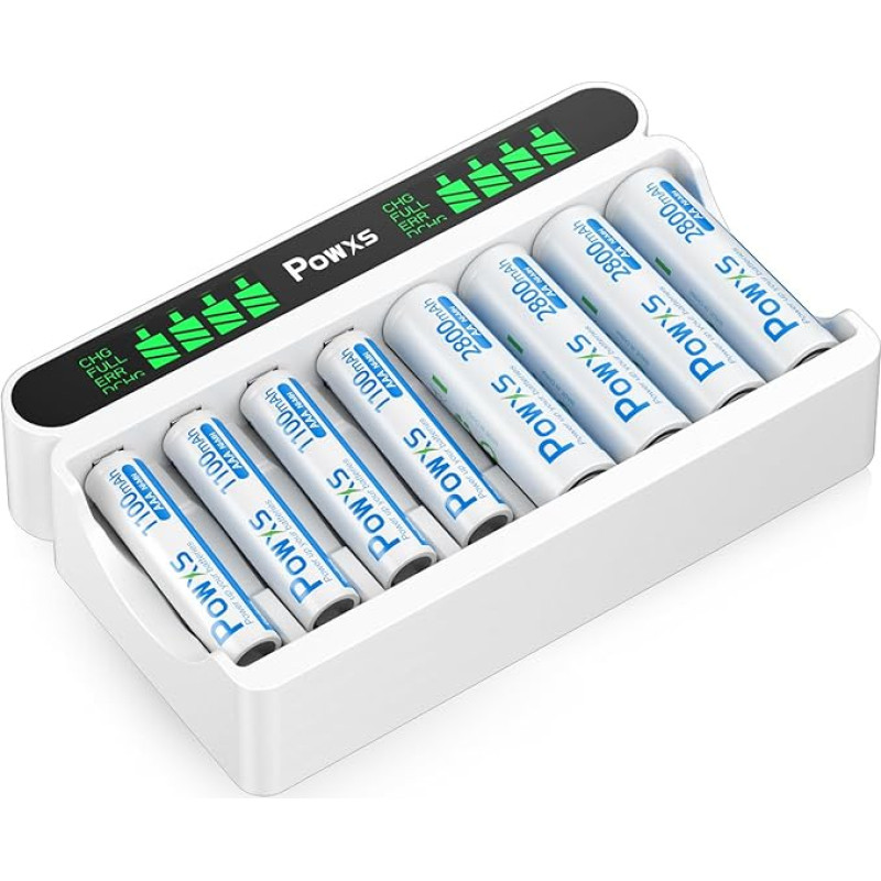 POWXS Battery Charger with 4 AA & 4AAA Batteries, 8 Charging Space Battery Charger with LCD Display, Rechargeable Battery AA & 4AAA, Fast Battery Charger for NI-MH NI-CD AA/AAA Batteries USB & Type C