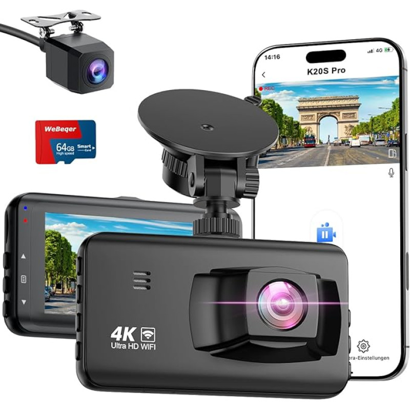 Dash Cam Car Front Rear 4K, WiFi Dash Cam with 64GB SD Card, Dash Cam Car with Reversing Assistant, Night Vision, 170° + 140° Wide Angle, 3 Inch IPS, Parking Monitoring, G-Sensor, Loop Recording,
