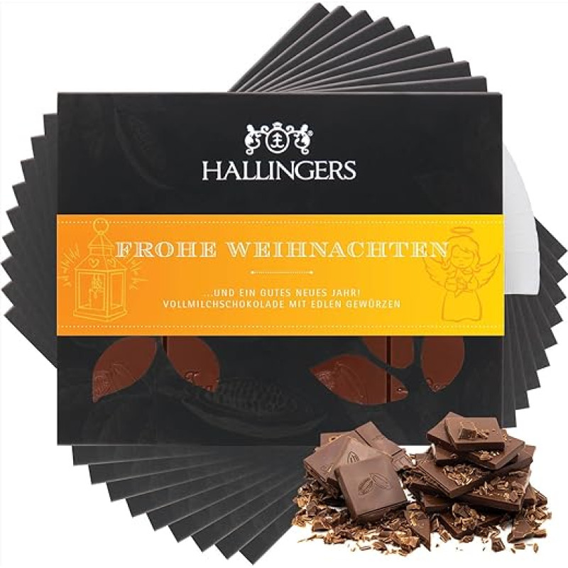 Hallingers 10 x Merry Christmas - rankų darbo pieninis šokoladas su kalėdiniais prieskoniais, be alkoholio (dėžutė) - velykinės dovanos Velykų krepšelis, velykiniai kiaušiniai ir velykinės dekoracijos | Sveikiname, dėkojame