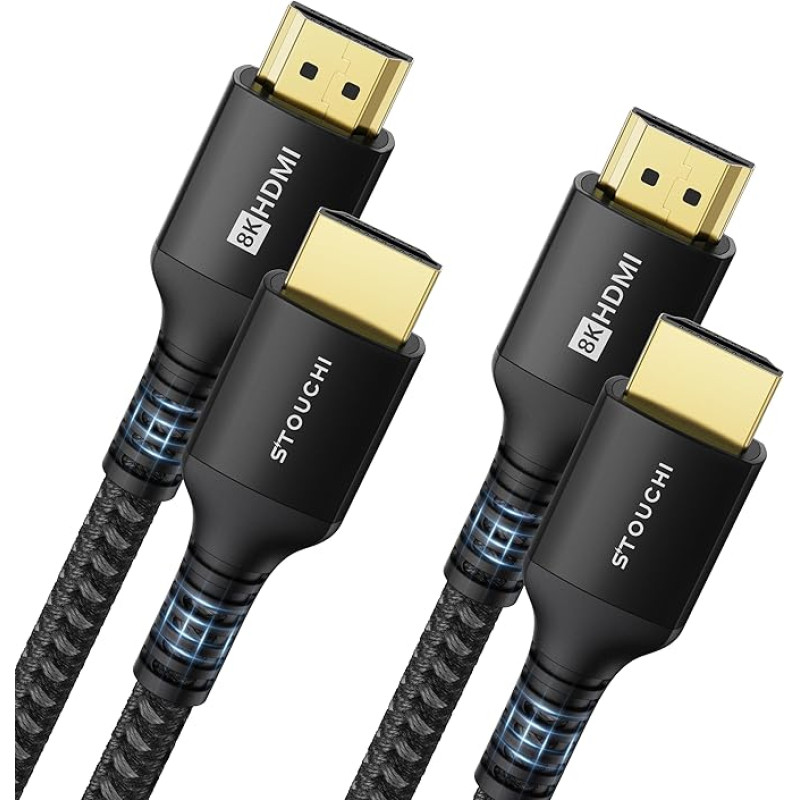 Stouchi HDMI 2.1 Cable 8K 1.2 m, Ultra HD 48 Gbit/s High Speed 8K60hz 4K120hz 144Hz 165Hz RTX, DSC eARC Dynamic HDR10 4: 4: 4 HDCP 2.2 & 2.3 Dolby, Compatible with TV/PS5/Xbox, Black, 2 Packs