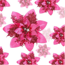 24 Christmas Artificial Glitter Poinsettia Flowers Artificial Christmas Flowers Wedding Decoration Flowers Christmas Tree Decoration with Clips, 6 Inches, 4 Inches, 3 Inches (Fuchsia)
