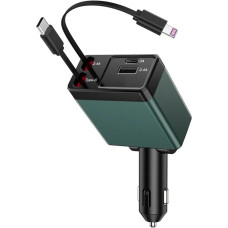 Ištraukiamas automobilinis įkroviklis, 4 in 1 greitas įkroviklis, 100 W, 80 cm ištraukiamas laidas ir 2 elektroniniai prievadai, USB automobilinis įkroviklis, suderinamas su 