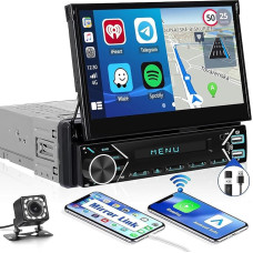 CAMECHO 1 DIN Carplay Wireless Android Car, 7 Inch Automatic Screen Car Radio with Bluetooth Hands-Free Kit Mirror Link FM USB/SD/AUX-in + Reversing Camera
