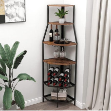 VEDECASA Corner Wine Rack Floor Standing 5-Tier Corner Bar Rack with Glass Holder and Wine Storage Industrial Wine Rack Wine Bar Cabinet for Kitchen Bar Cellar Dining Room Vintage Brown/Black