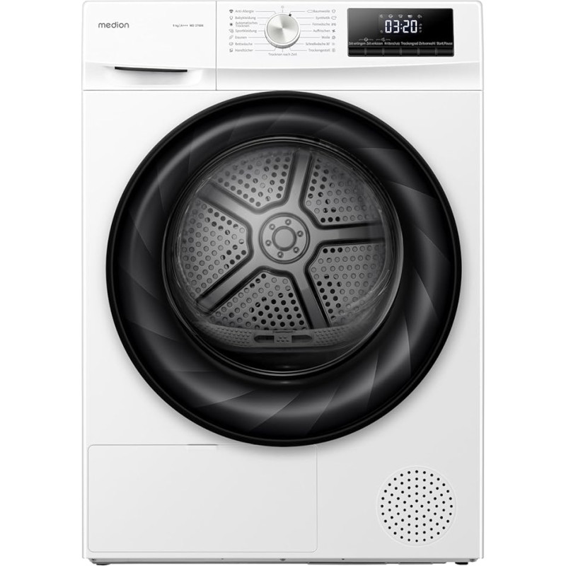 MEDION šiluminio siurblio džiovyklė (9 kg, džiovyklė, 15 programų, sensorinis džiovinimas, paleidimo atidėjimas, likusio veikimo indikatorius, didelė durų anga, MD 37686)