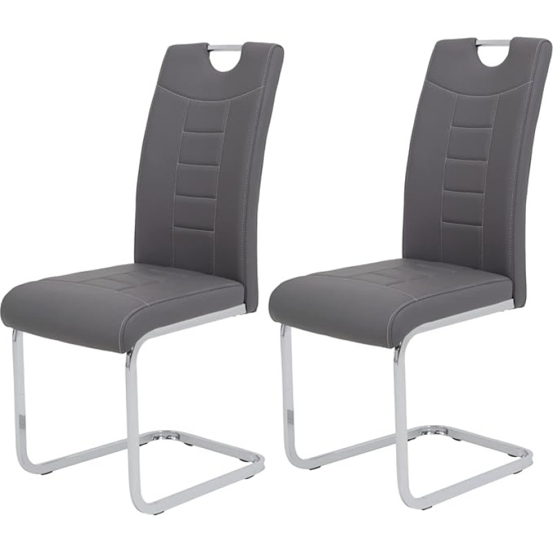 Hela Set of 2 Ruby Swing Chairs, Kitchen Chairs, Faux Leather Grey, Recessed Grip, Metal Frame + Chrome Handle, 140 kg