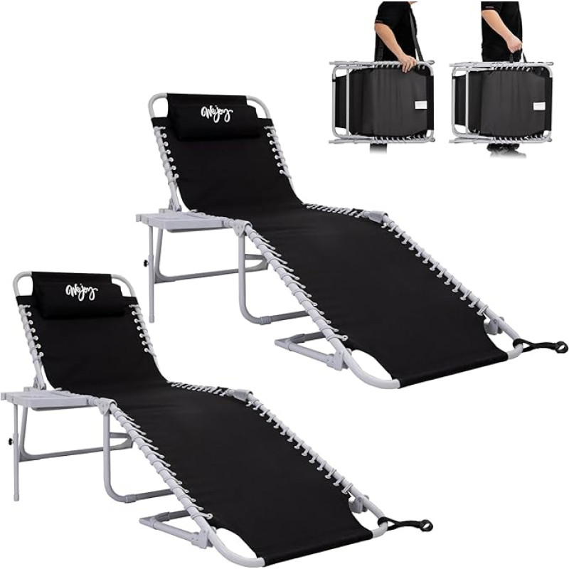#WEJOY Sulankstomas saulės gultas, 2 vietų sodo gultas, reguliuojamas atlošas, ergonomiška terasos kėdė, sulankstomas kempingo gultas su šonine kišene ir galvos atlošu, atlošas iki 120 kg, skirtas paplūdimiui, sodui,