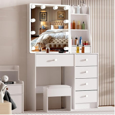 Ereousa Schminktisch mit Spiegel und Hocker, Schminktisch mit 6 Schubladen und 6 Ablagen, Make-up-Schreibtisch mit verstellbaren LED-Lichtern, Make-up-Tisch für Schlafzimmer, 80 x 36 x 131 cm, Weiß,