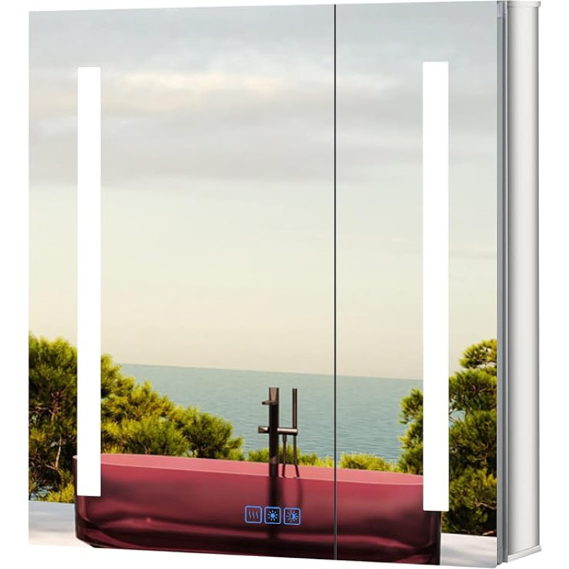 Fundin LED Illuminated Bathroom Mirror Cabinet with Defogger, Dimmer and Socket, 61 x 65 cm, Built-in or Surface Mounting, Aluminium Bathroom Storage, Illuminated Adjustable Mirror Cabinet