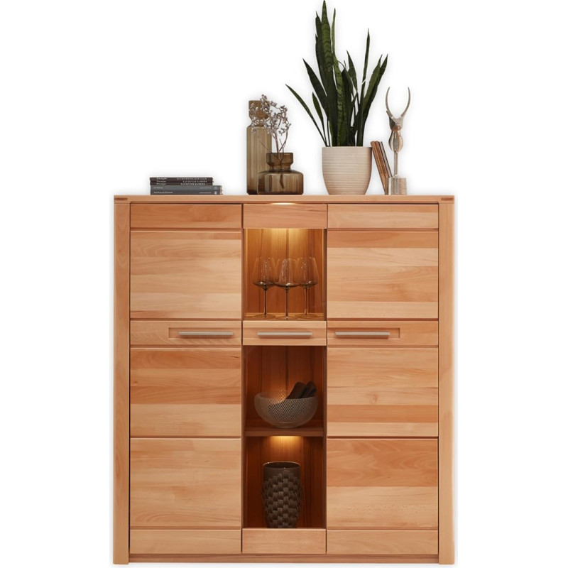 Nature ONE Highboard in Heartwood Beech Partially Solid FSC Certified - Modern Living Room Cabinet with Lots of Storage Space and LED Lighting - 127 x 137 x 40 cm (W x H x D)
