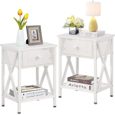 VECELO naktinis staliukas 2 pakuotės baltas su 1 atviru skyriumi ir 1 stalčiumi Metalinis pagrindas suaugusiesiems Svetainė Miegamasis Biuras Vonios kambarys Mediena Balta