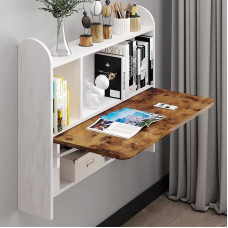 Pmnianhua Wall Mounted Drop-Leaf Table, Floating Laptop Desk, Folding Table with Shelves, Multifunctional Computer Workstation with Storage Compartments in Home Office for Space Saving