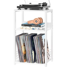 LELELINKY Baltas šoninis staliukas, mažas šoninis staliukas su laikymo lentyna, 3 pakopų pramoninis naktinis staliukas, vinilinių plokštelių grotuvo stovas, modernus sofos naktinis staliukas svetainei, miegamajam