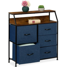 Relaxdays Chest of Drawers, 5 Drawers, Blue, 2 Shelves, Books & Decoration, Industrial Shelf Chest of Drawers, H x W x D: 87 x 84 x 30 cm, Brown/Black