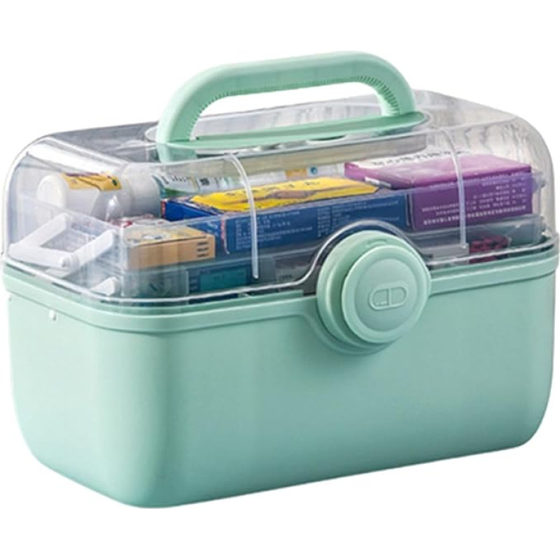 Medical Storage Box for Home, Transparent First Aid Box with Three Levels, Multifunctional Medicine Case with Carry Handle for Jewellery, Medicines and Cosmetics (34 x 23 x 23 cm, Green)