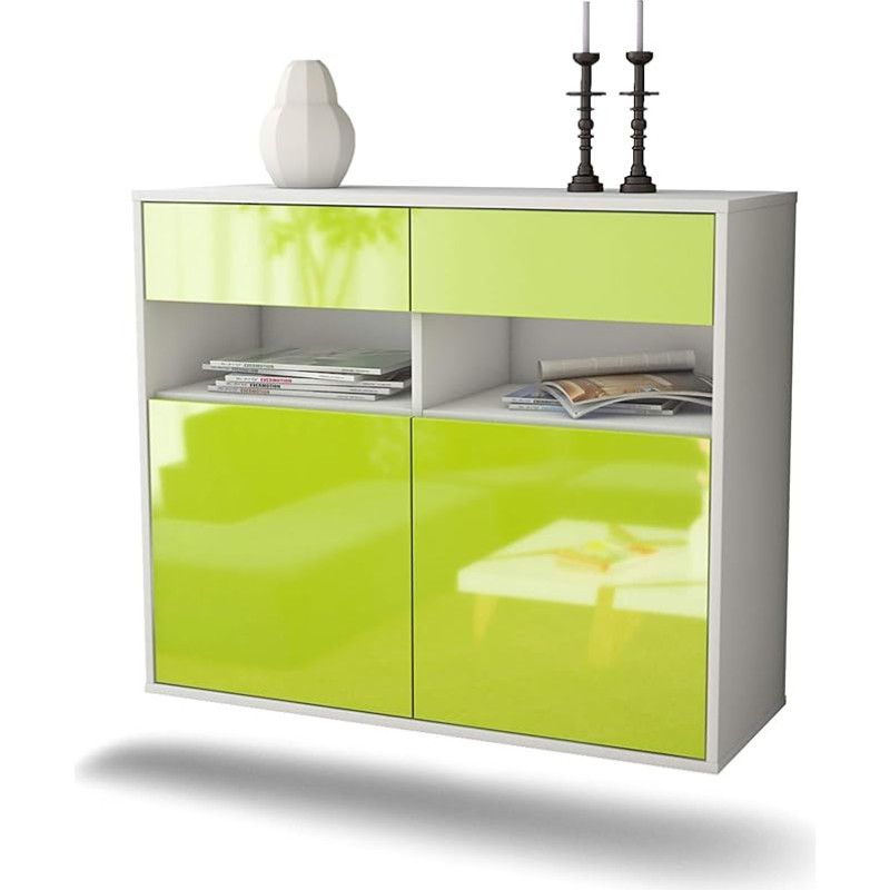 Dekati Nortlingen Sideboard Hanging (92 x 77 x 35) Body White Matt - Front High Gloss Green - Push to Open