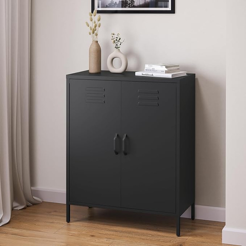 skølm Atria komoda, juoda, svetainės komoda, metalinė komoda su dvigubomis durelėmis, metalinė spintelė, universali spintelė, dydis 100 x 80 x 38 cm